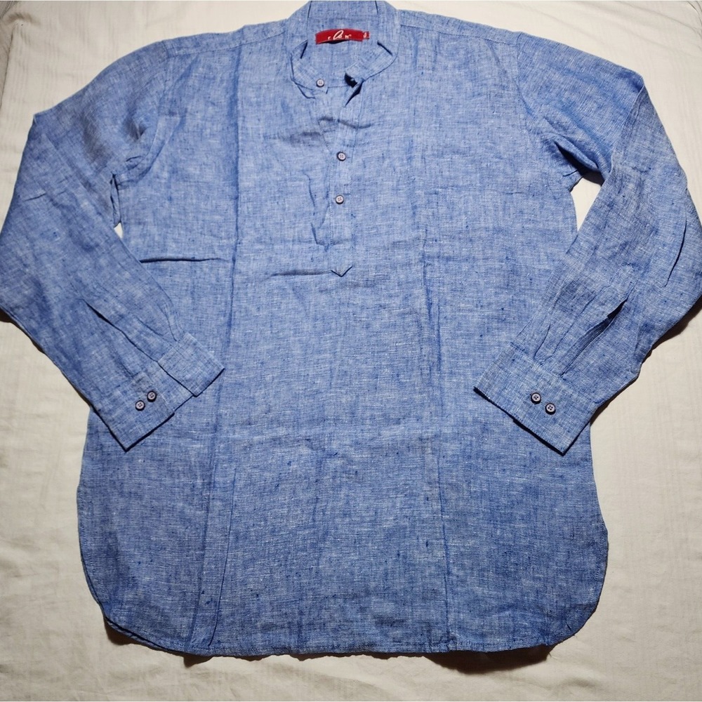 Rock Top Women Size 42 cm Blue Long Sleeve Blouse Quarter Button Band Collar
